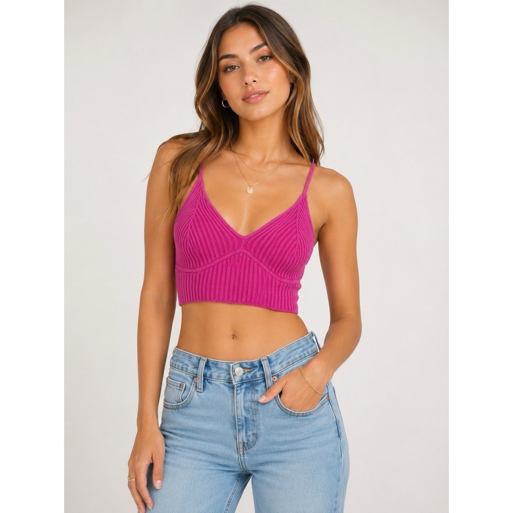 Hot Pink Ribbed Knit Bralette Crop Top Y2K Barbiecore Coquette Medium